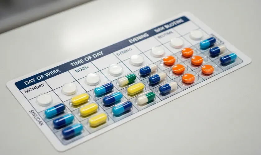 Multi-dose blister pack compliance packaging with medications sorted by day and time