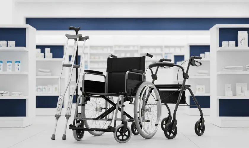 Durable medical equipment including a wheelchair, crutches, and rollator walker at Benjamin's Pharmacy