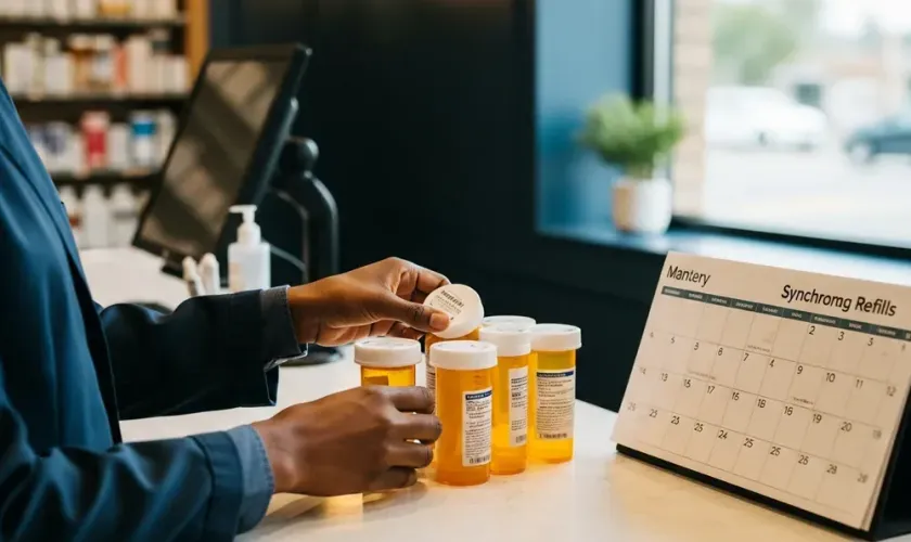 Synchronized prescription bottles aligned with a monthly calendar