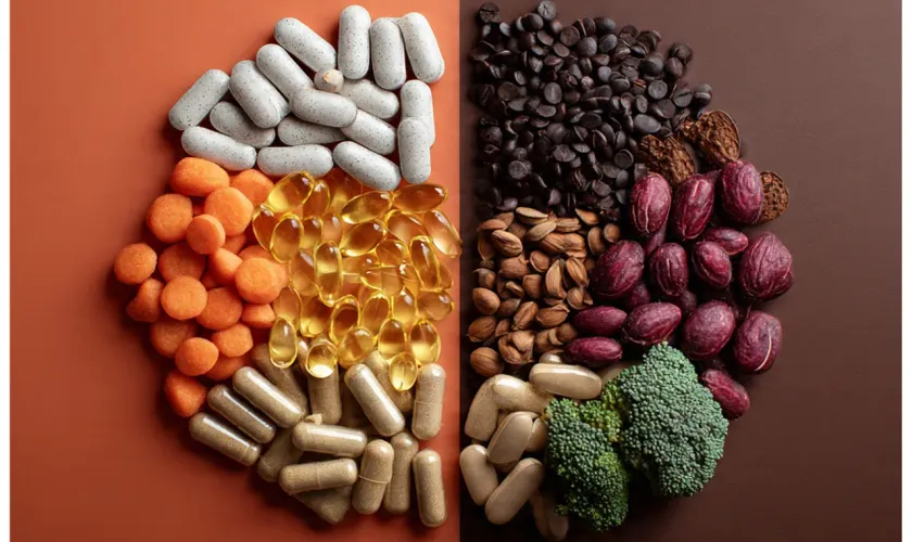 A brain shape made of vitamin capsules, supplements, nuts, and vegetables on a two-tone background